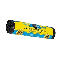 Мешки для мусора 120 л, с ушками, черные, в рулоне 10 шт., ПНД, 13 мкм, 1050х680 мм, Крепакоф, 4607075710436 в Бору